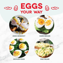 Collage of delicious egg dishes made with Dash Rapid Egg Cooker for perfect eggs