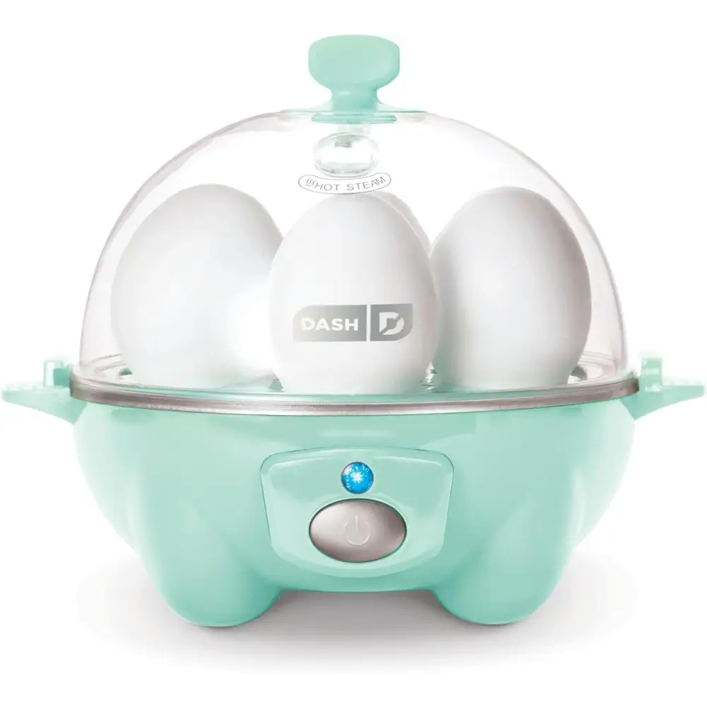 Teal Dash Rapid Egg Cooker with clear dome for perfectly cooked eggs