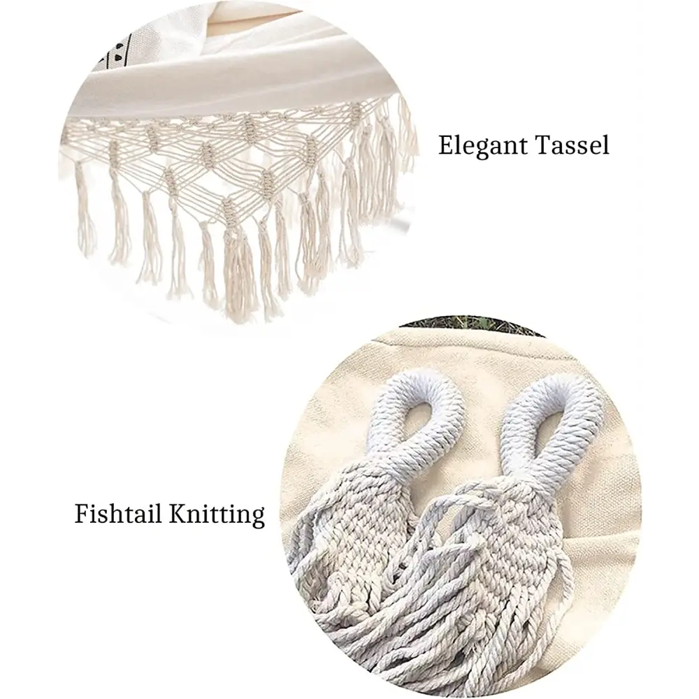 Boho Macrame Hammock with decorative tassels and fishtail knitting for outdoor relaxation