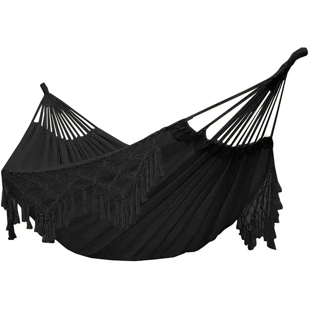 Black fringed hammock from Boho Macrame for outdoor relaxation and comfort