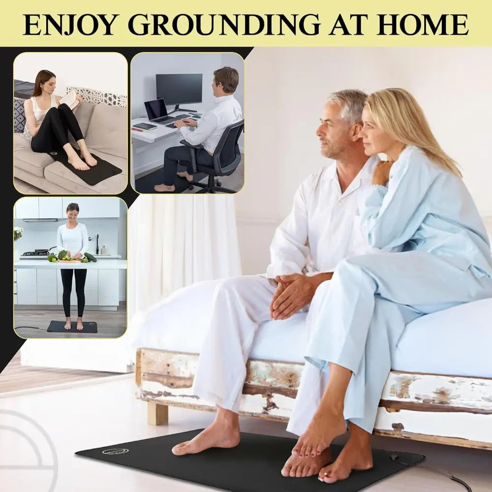 Black grounding mat from Earth and Moon Grounding Mat Travel-Size with outlet tester