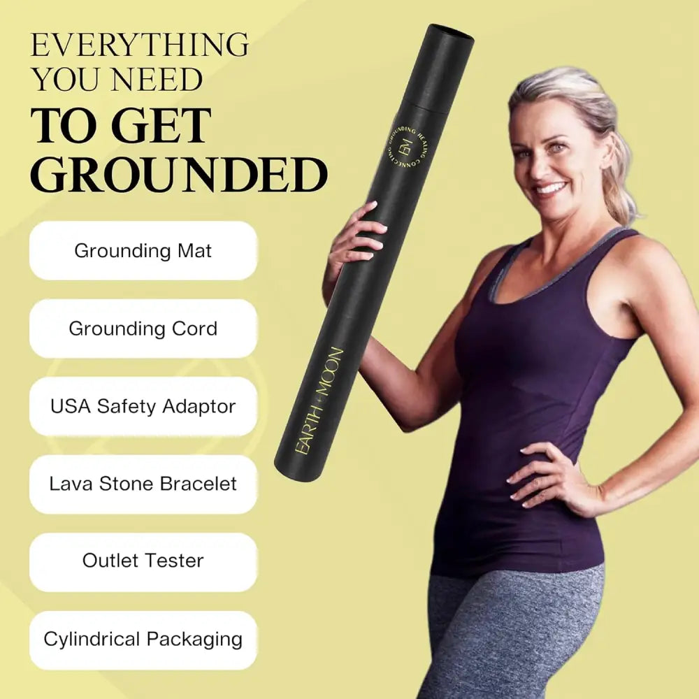 Black cylindrical package of Earth and Moon Grounding Mat with outlet tester included
