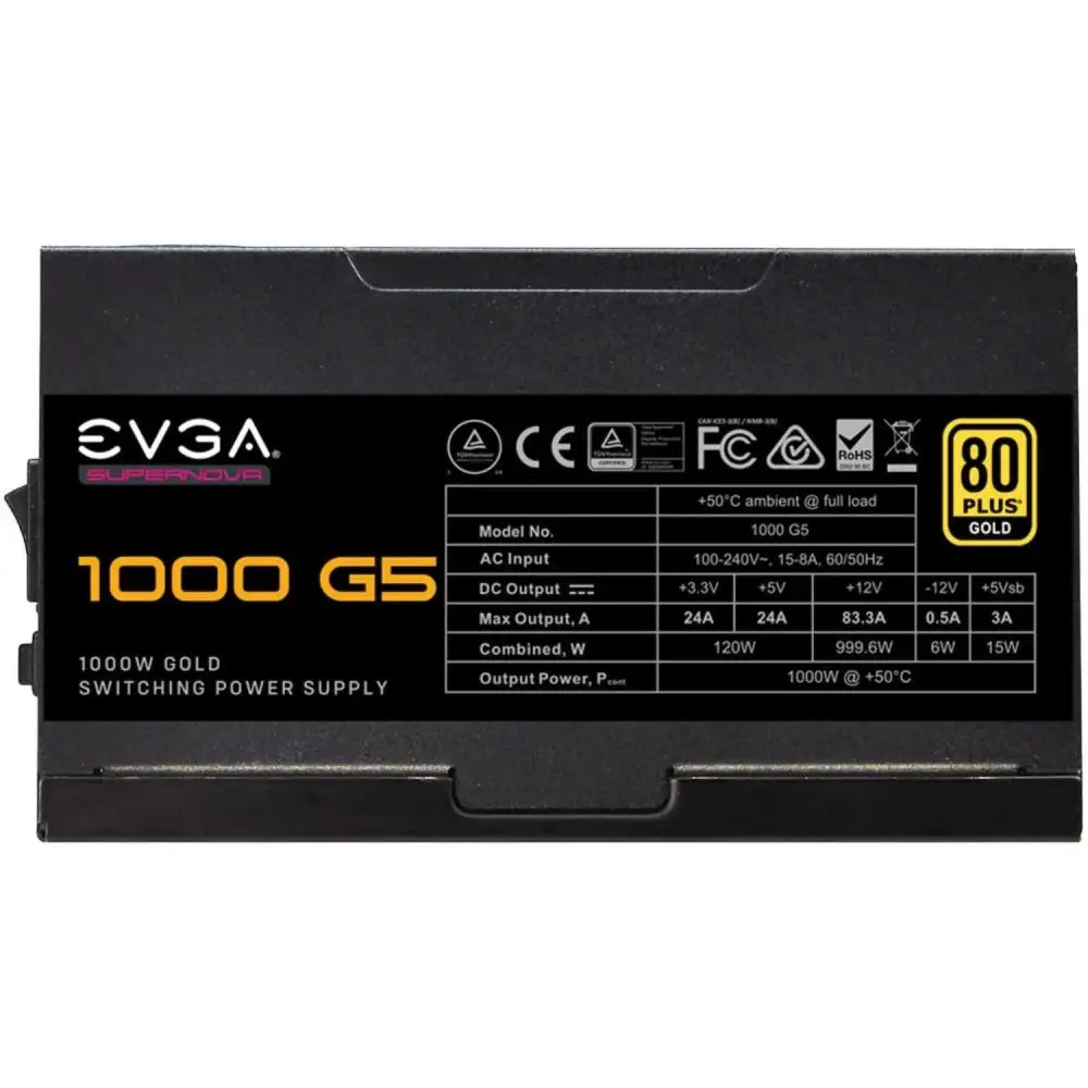 Black EVGA Supernova 1000 G5 power supply with 80 Plus Gold certification displayed