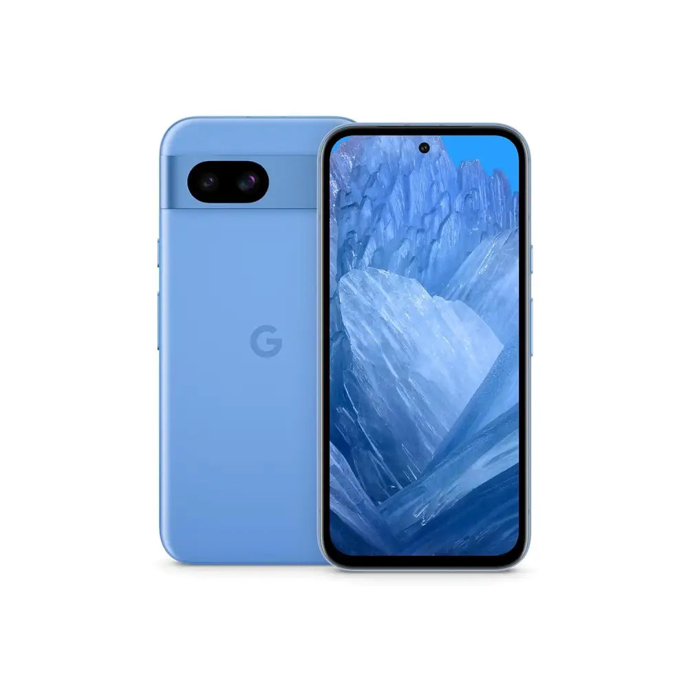 Light blue Google Pixel 8a Obsidian with 64MP Camera on display