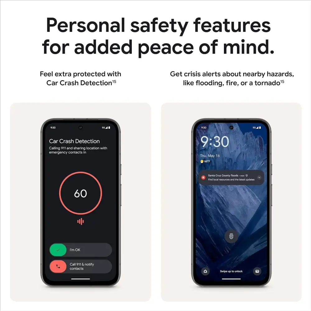 Smartphones highlighting safety features of Google Pixel 8a Obsidian 64MP Camera