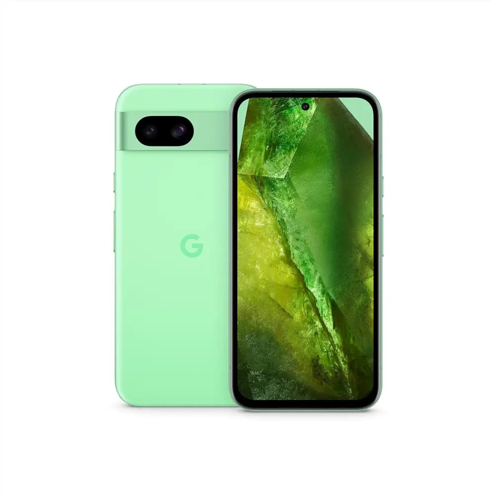 Mint green Google Pixel 8a Obsidian showcasing a 64MP camera feature