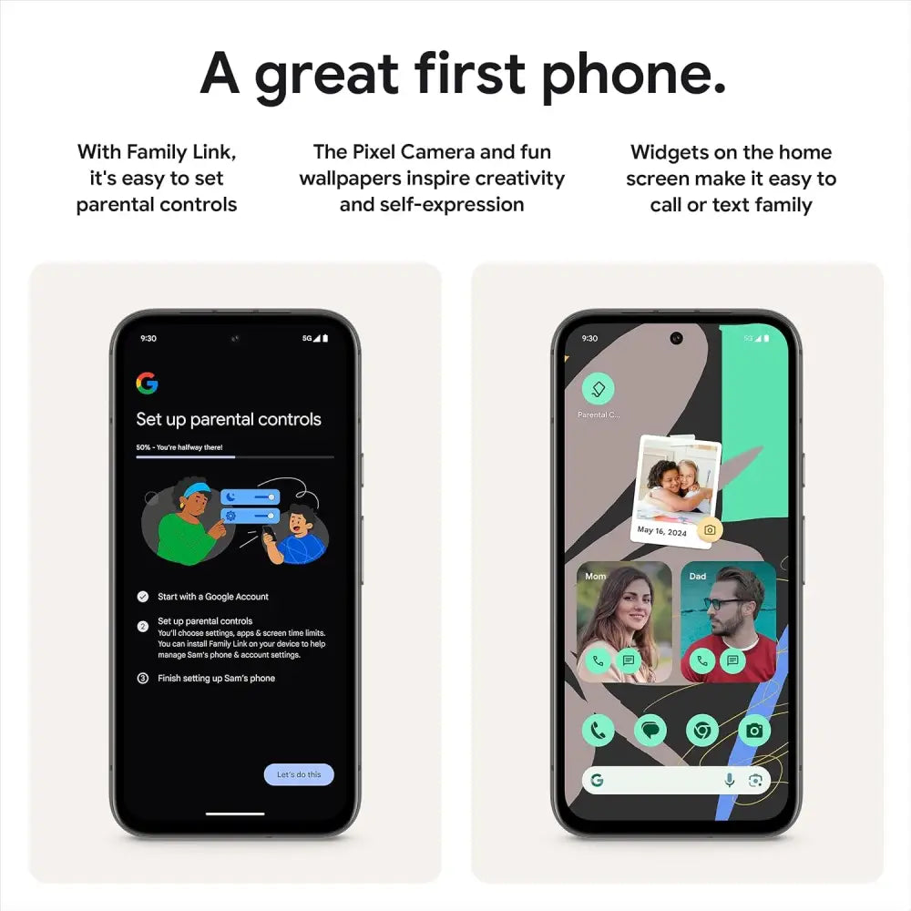 Two Google Pixel 8a smartphones displaying parental control settings and widgets