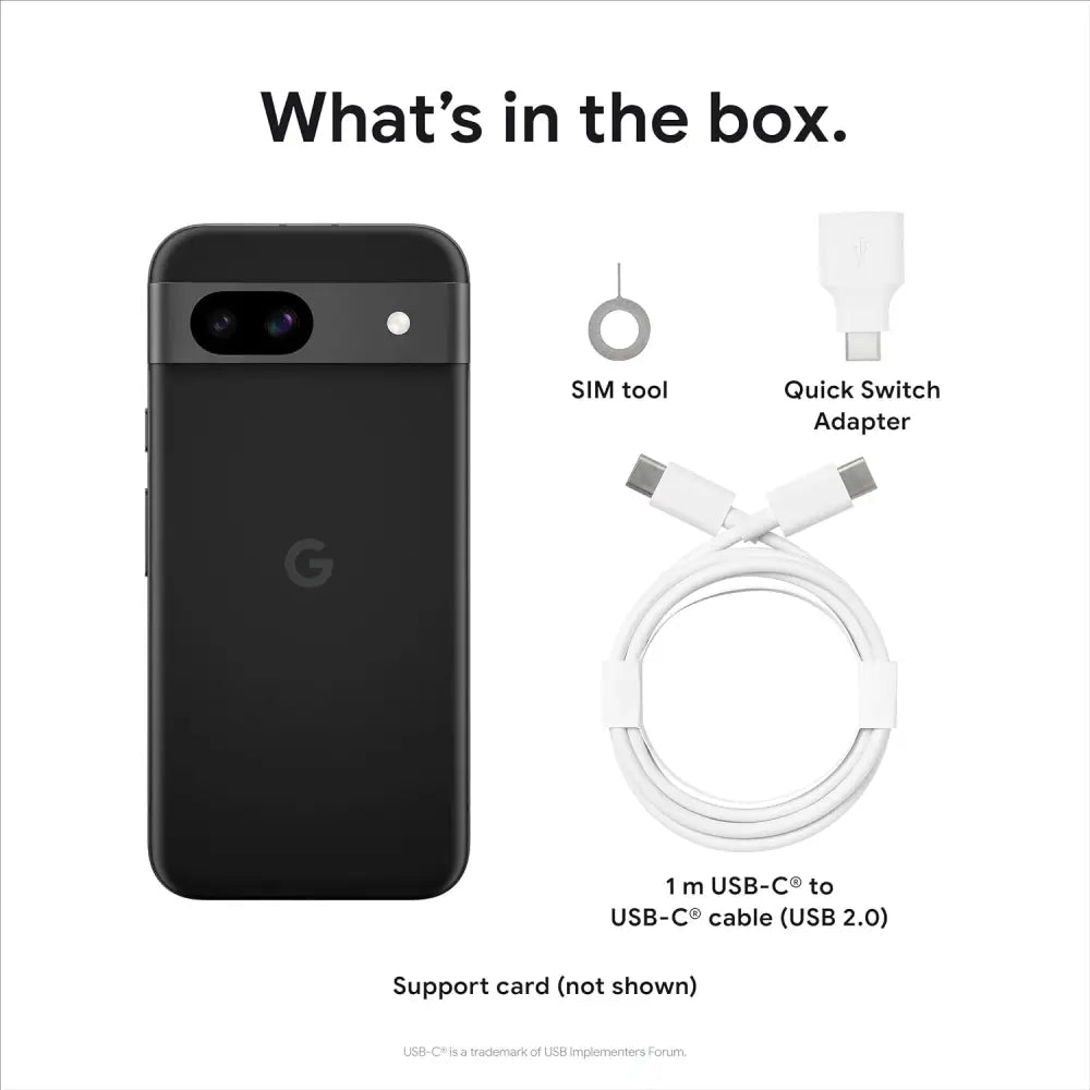 Google Pixel 8a Obsidian with accessories featuring 64MP camera capabilities
