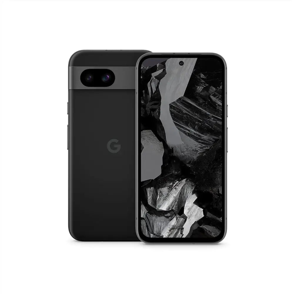 Black Google Pixel 8a Obsidian smartphone with 64MP Camera feature