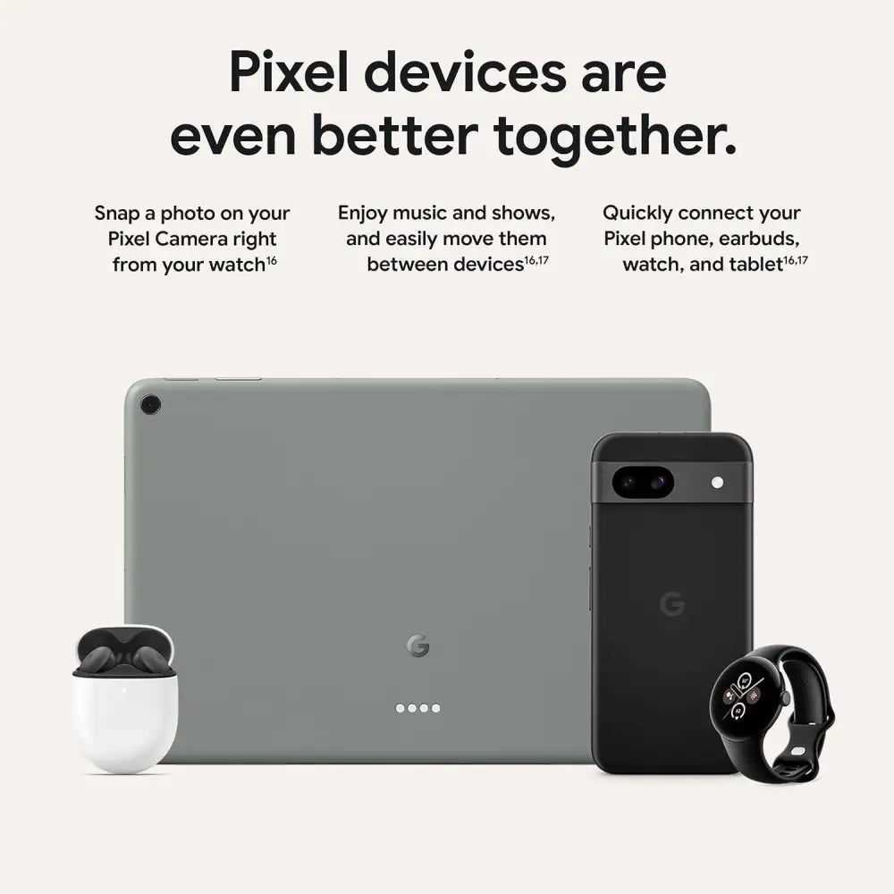 Google Pixel 8a Obsidian showcasing 64MP camera features and sleek design