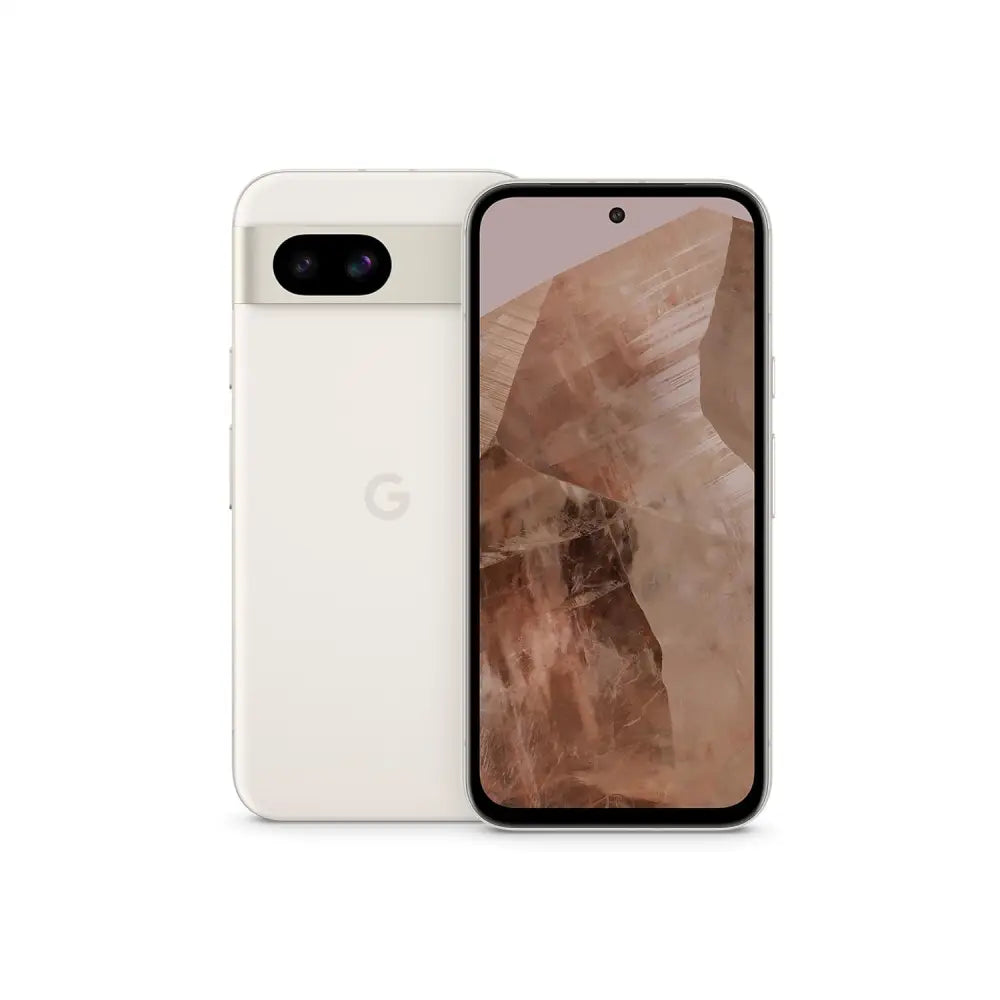 Cream-colored Google Pixel 8a Obsidian with 64MP camera on display