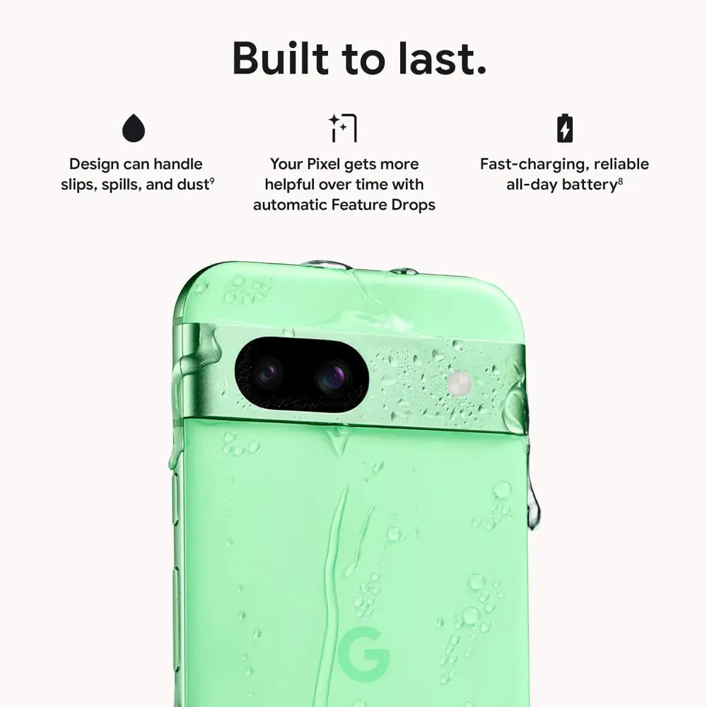 Mint green Google Pixel 8a with water droplets highlighting its design