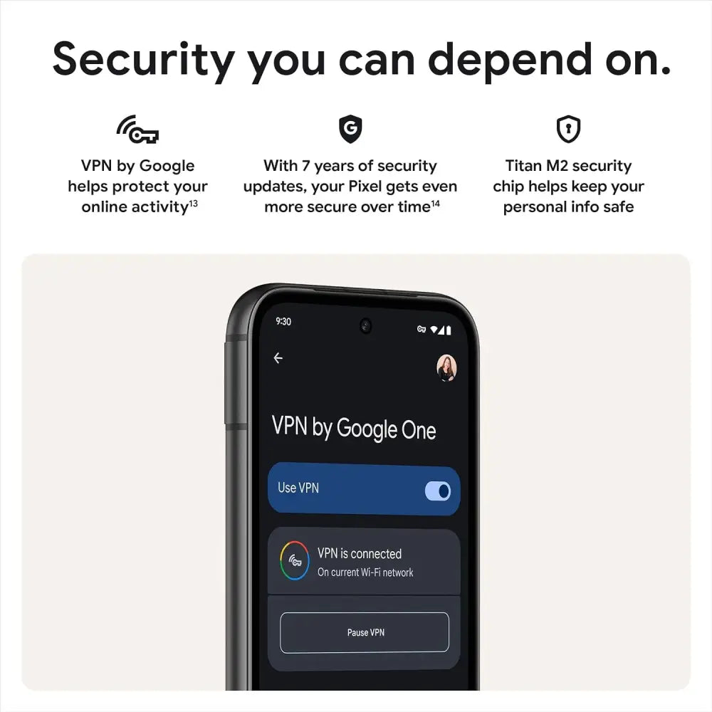 Smartphone showing VPN settings on Google Pixel 8a Obsidian with 64MP camera