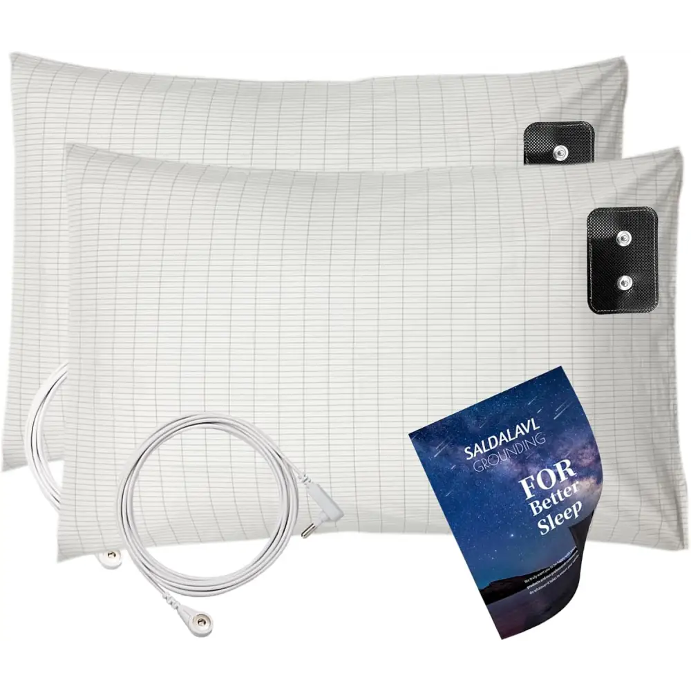 Two white grid-pattern pillowcases with grounding cables and connection pads in set