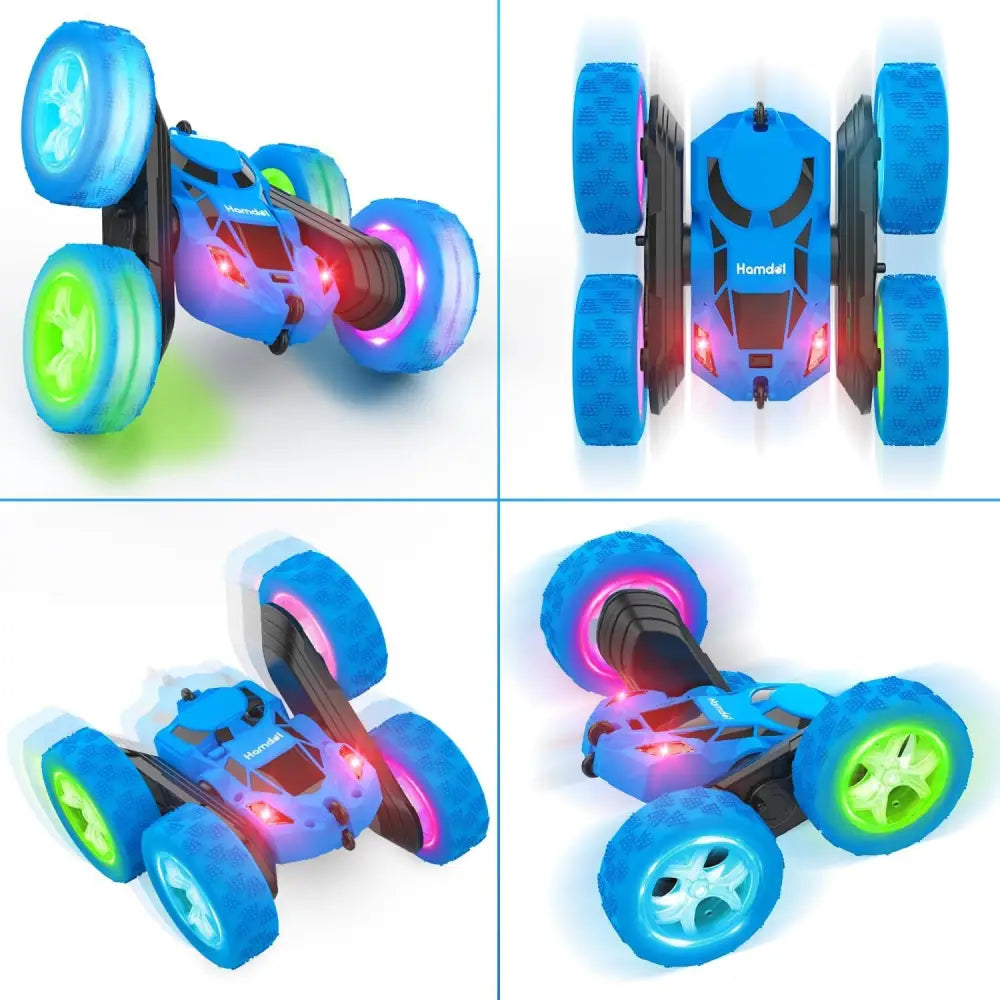 Blue Hamdol Remote Control Stunt Car with illuminated wheels for double-sided driving