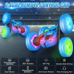 Blue Hamdol Remote Control Stunt Car with illuminated wheels for double-sided driving