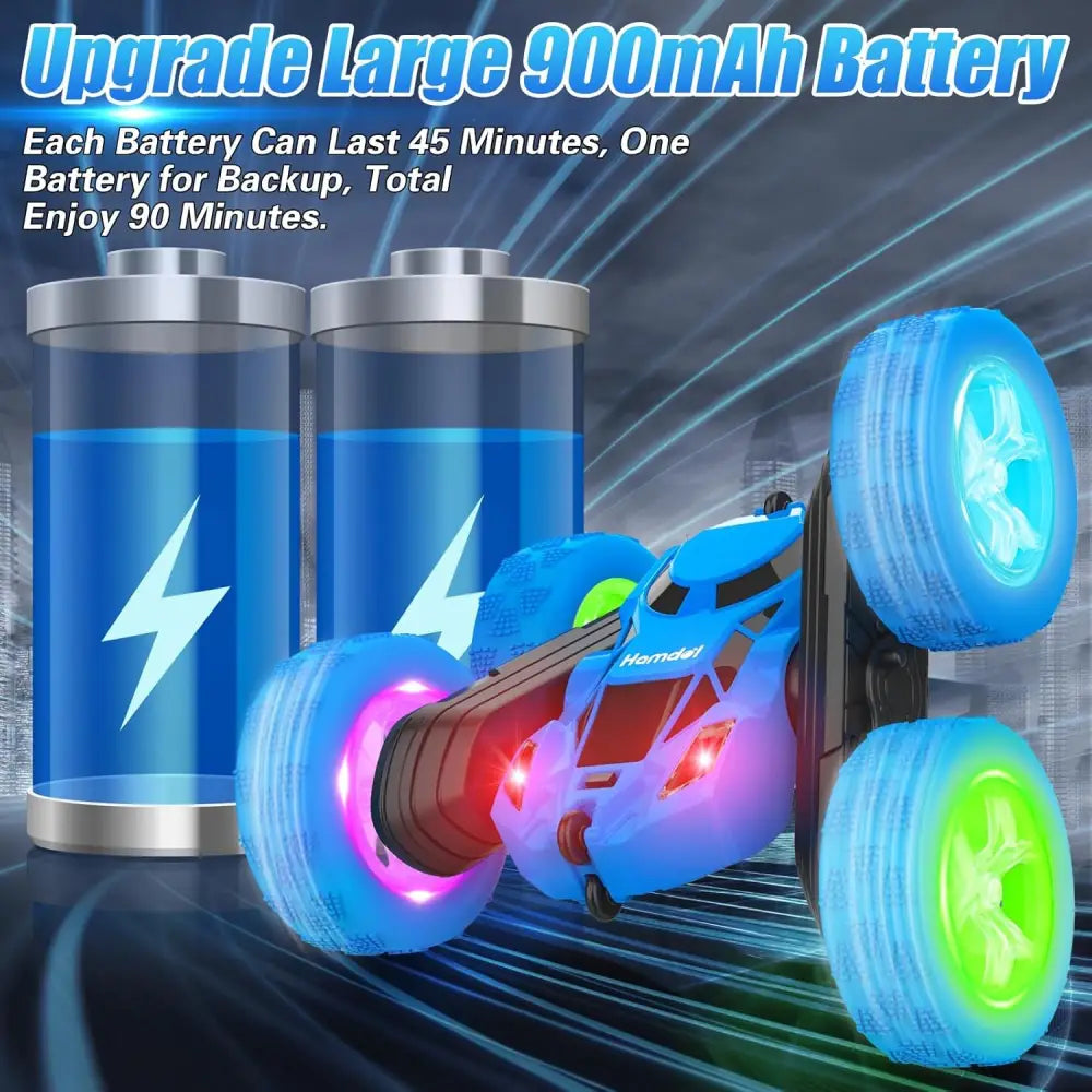 Blue Hamdol Remote Control Stunt Car with illuminated wheels for double-sided driving