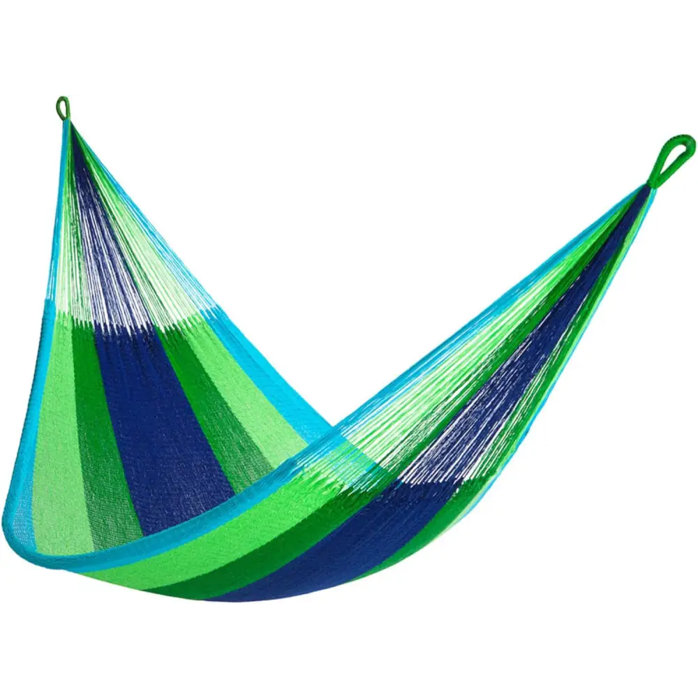 Striped blue and green hammock for ultimate relaxation in family-sized handwoven design