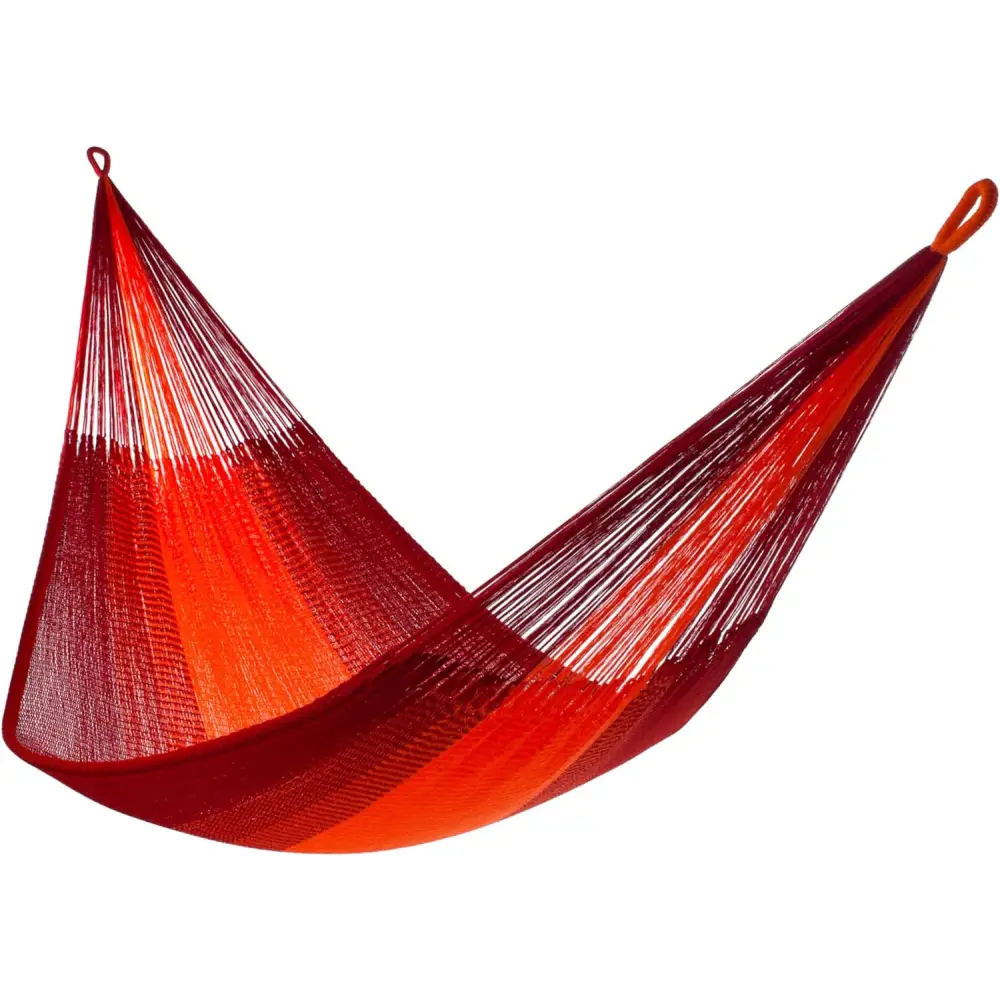 Red and orange woven hammock perfect for family relaxation and outdoor comfort