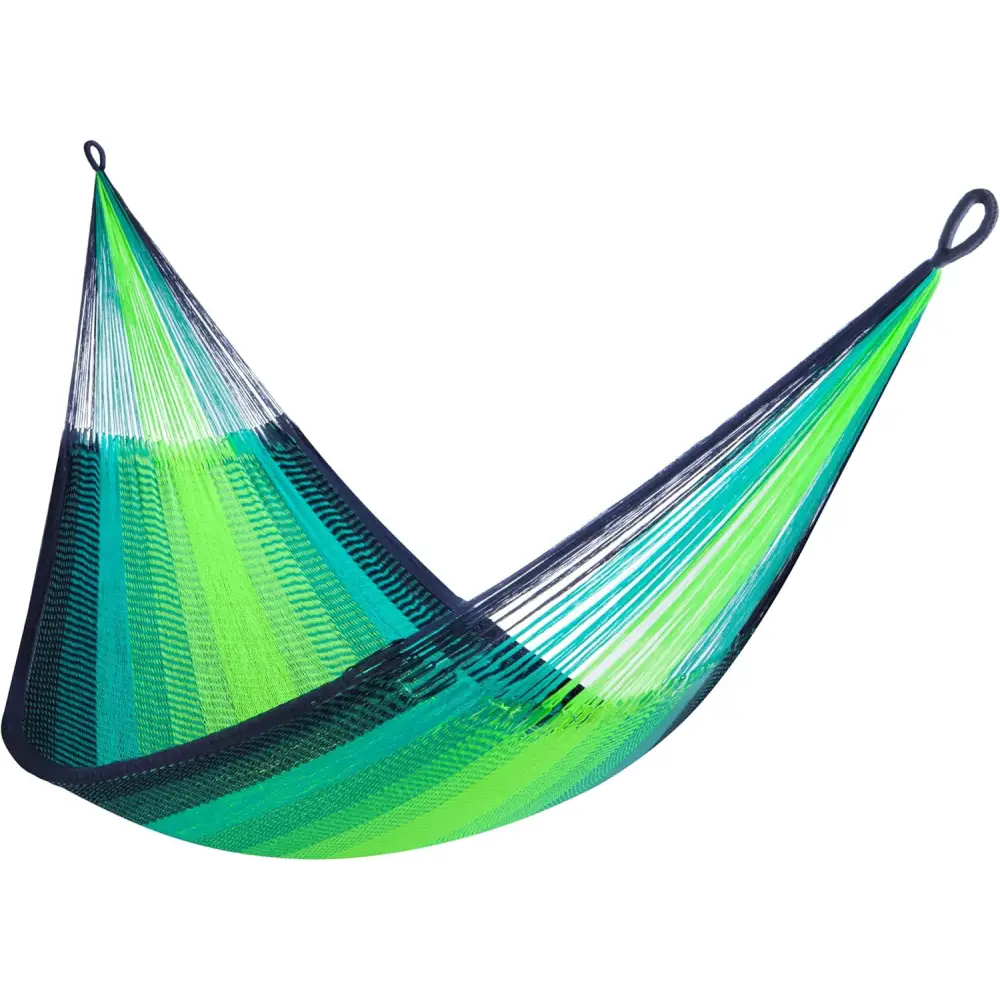 Striped green and blue hammock in Family Size Handwoven Hammock for Ultimate Relaxation