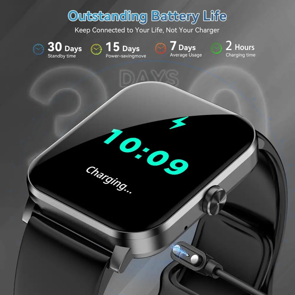 Black Smartwatch Fitness Tracker charging, featuring 120+ sports modes and heart rate monitor