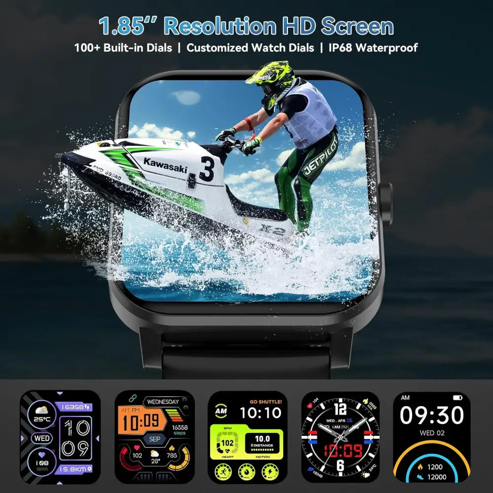 Black Smartwatch Fitness Tracker showcasing customizable watch faces and features