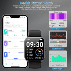 Black Smartwatch Fitness Tracker displaying health data and sports modes