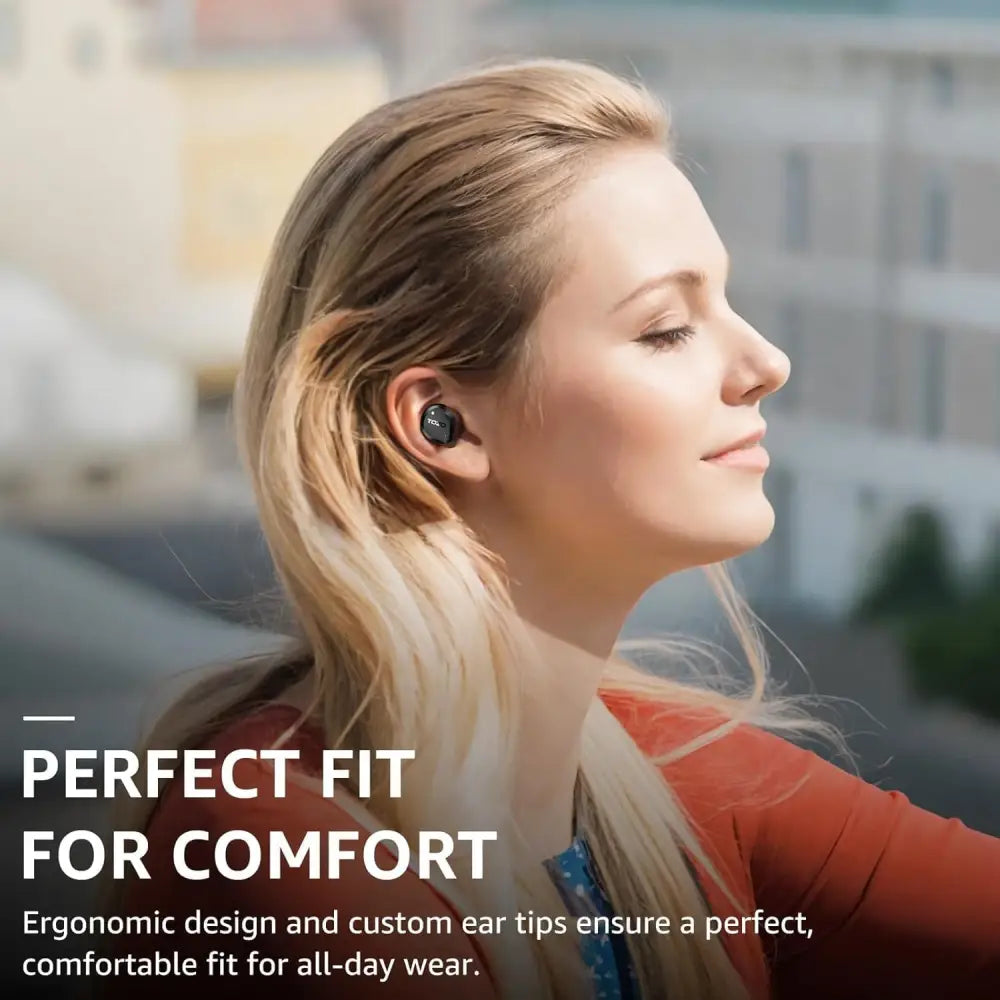 Wireless earbud in use, showcasing Hybrid Active Noise Cancelling Earbuds 59H Playtime