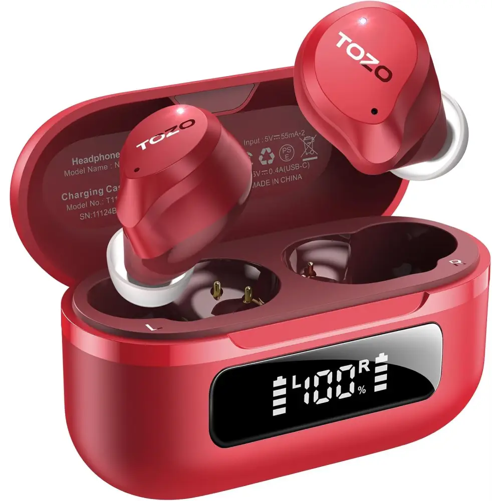 Red Hybrid Active Noise Cancelling Earbuds with charging case and 59H playtime