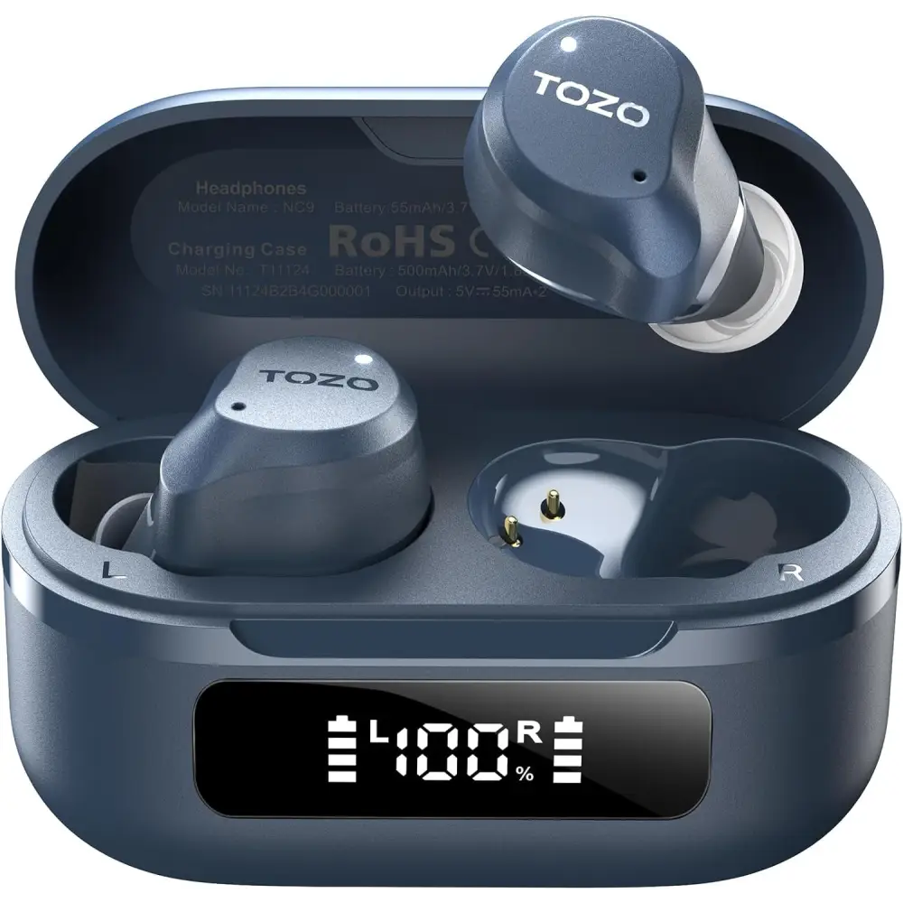 Blue wireless earbuds with charging case for Hybrid Active Noise Cancelling Earbuds 59H Playtime