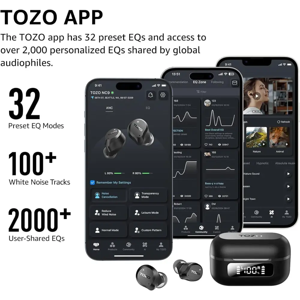 Wireless earbuds and app interface for Hybrid Active Noise Cancelling Earbuds 59H Playtime