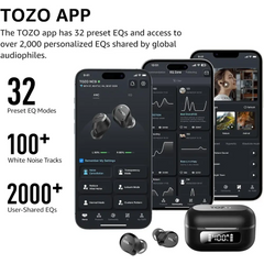 Wireless earbuds and app interface for Hybrid Active Noise Cancelling Earbuds 59H Playtime