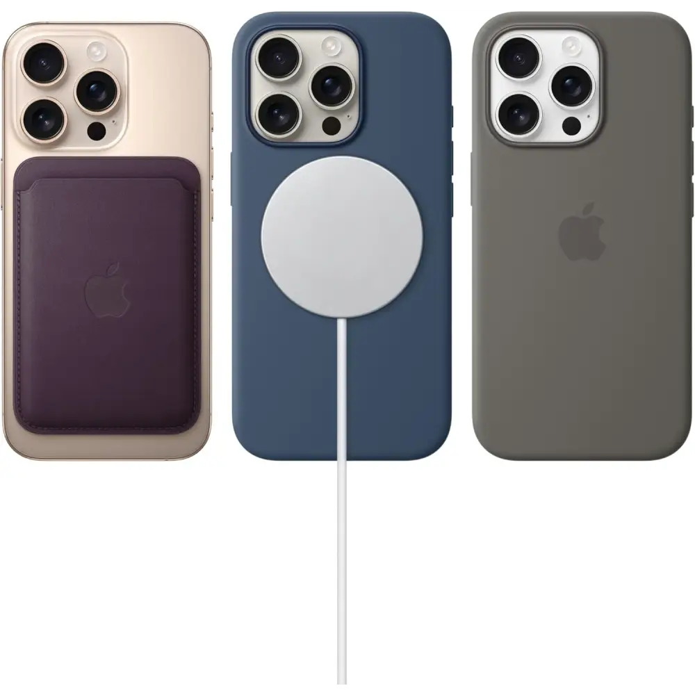 Three iPhones with cases and accessories showcasing iPhone 16 Pro Max 256GB White Titanium