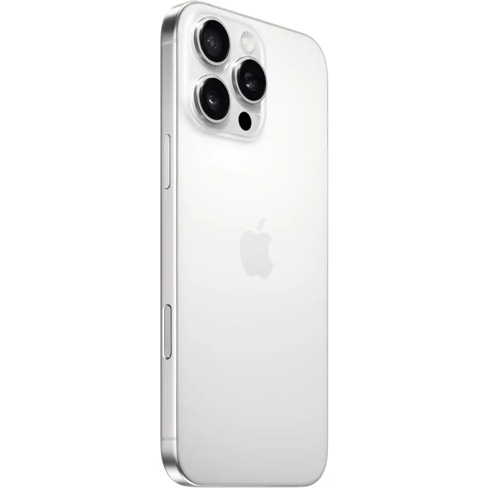 Silver iPhone 16 Pro Max with triple-lens camera and A18 Pro Chip in White Titanium
