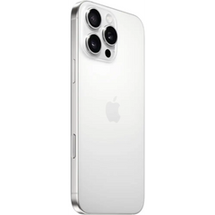 Silver iPhone 16 Pro Max with triple-lens camera and A18 Pro Chip in White Titanium
