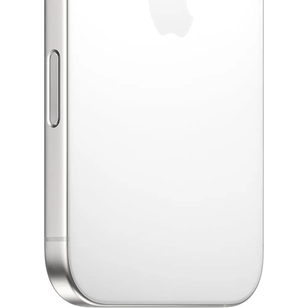 White iPhone 16 Pro Max back showcasing Titanium finish and Super Retina XDR display