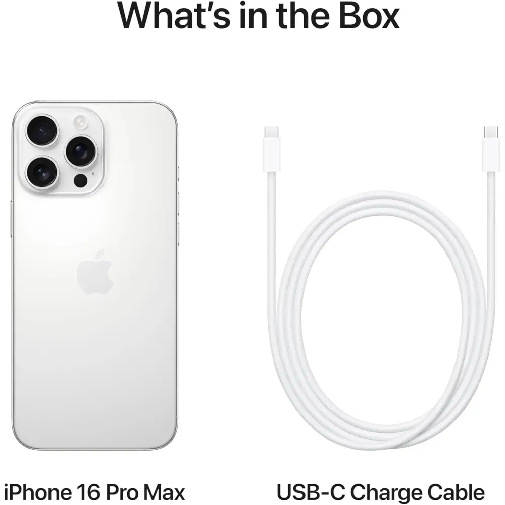 Silver iPhone 16 Pro Max with USB-C cable on a white background