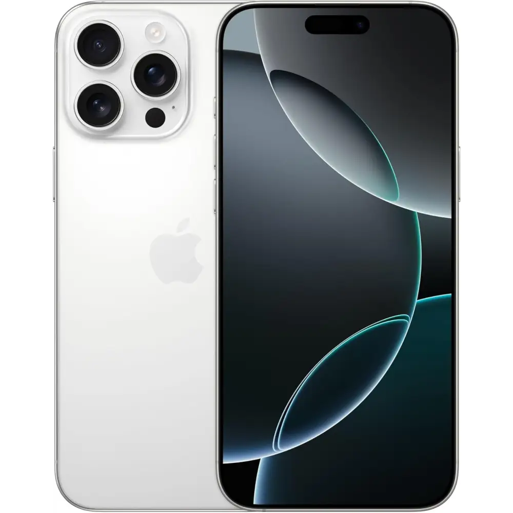 White smartphone with triple-lens camera, iPhone 16 Pro Max 256GB White Titanium