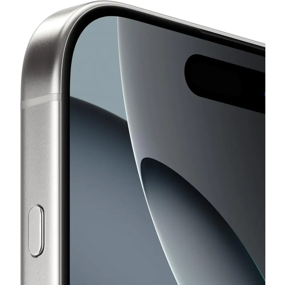 Silver smartphone corner of iPhone 16 Pro Max 256GB White Titanium with A18 Pro Chip
