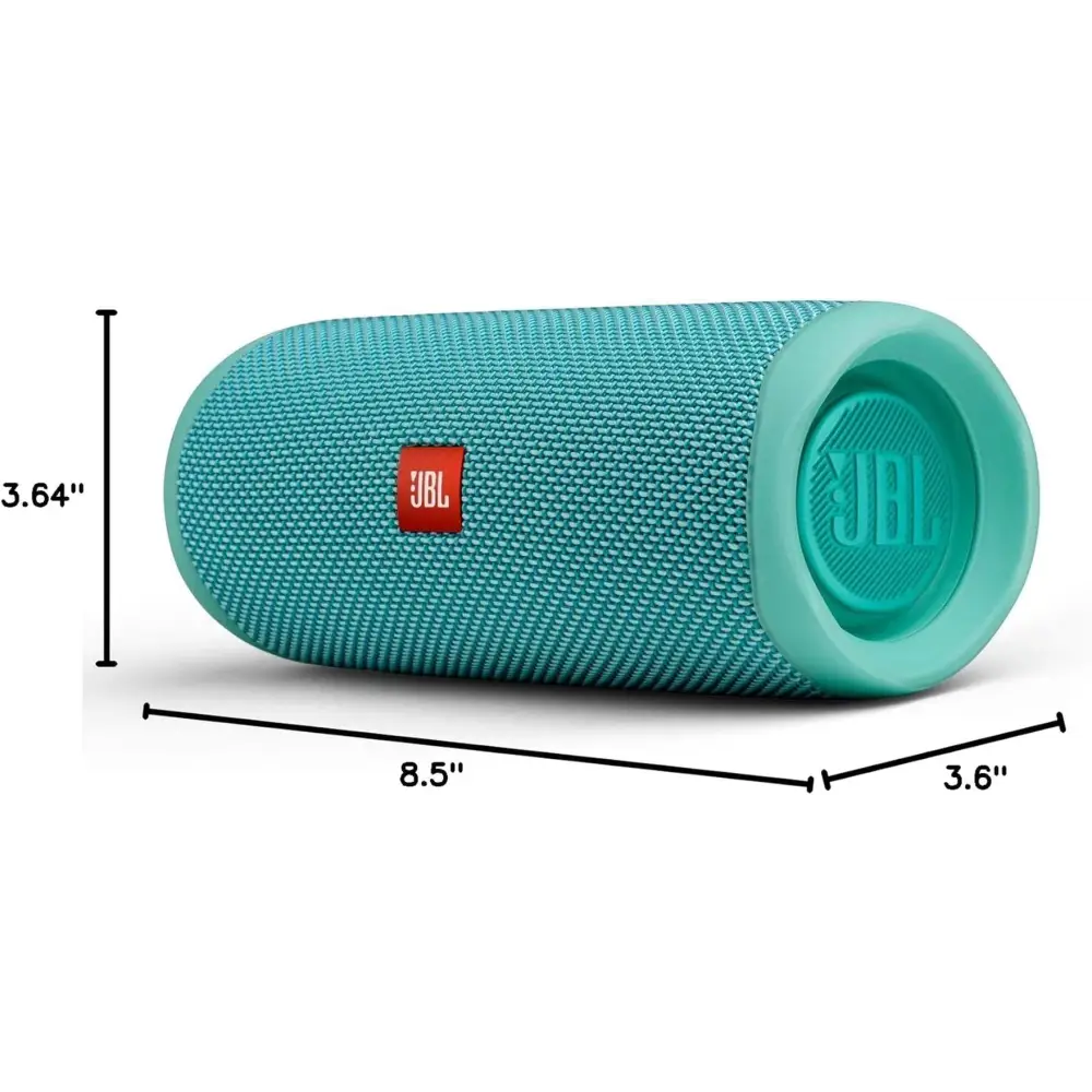 Teal JBL Flip 5 speaker showcasing dimensions and IPX7 waterproof features