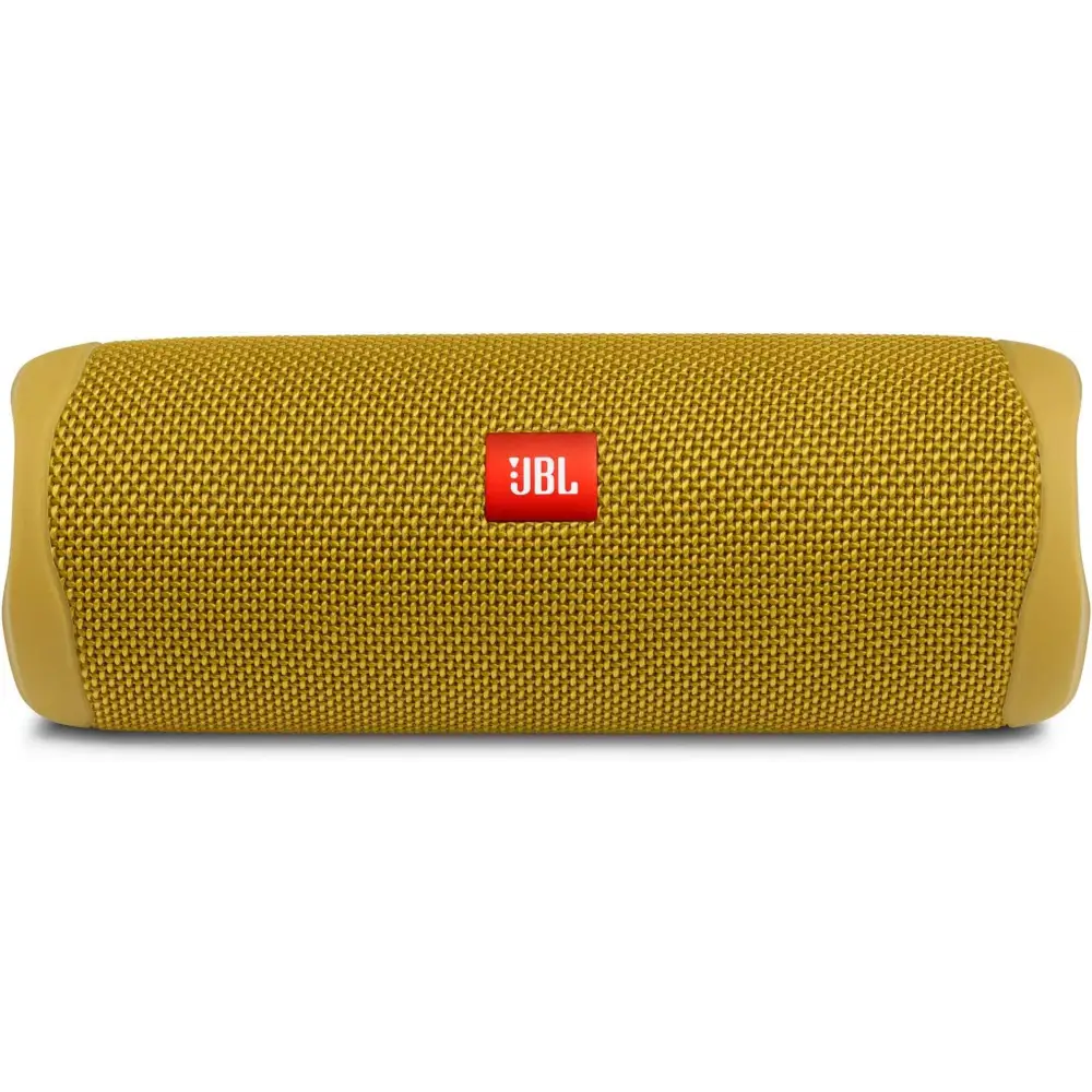 Mustard-colored cylindrical speaker from Teal JBL Flip 5 with powerful waterproof sound