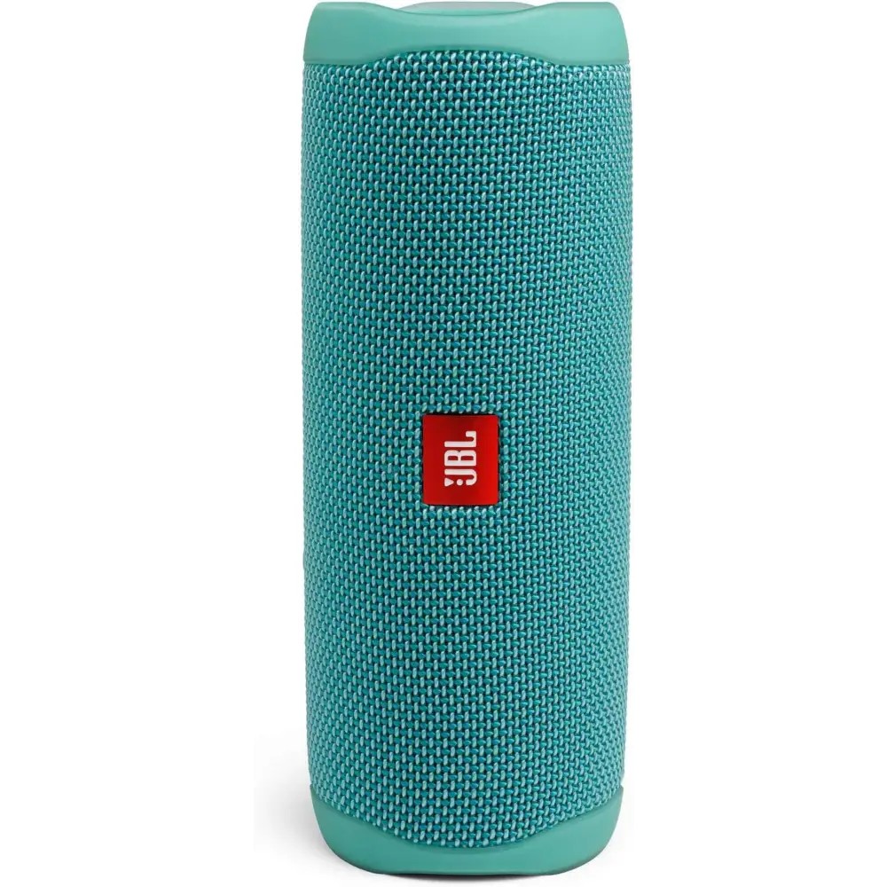 Teal JBL Flip 5 IPX7 Waterproof Speaker with Powerful Pro Sound displayed on shelf