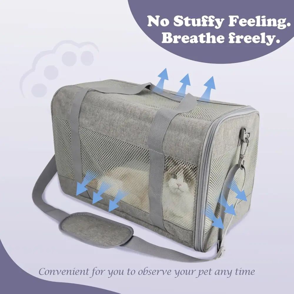 Gray mesh pet carrier with shoulder strap for travel, Airline Approved Luxury design