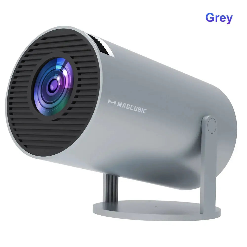 Gray cylindrical Magcubic 4K Android Projector HY300 with lens on display