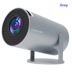 Gray cylindrical Magcubic 4K Android Projector HY300 with lens on display