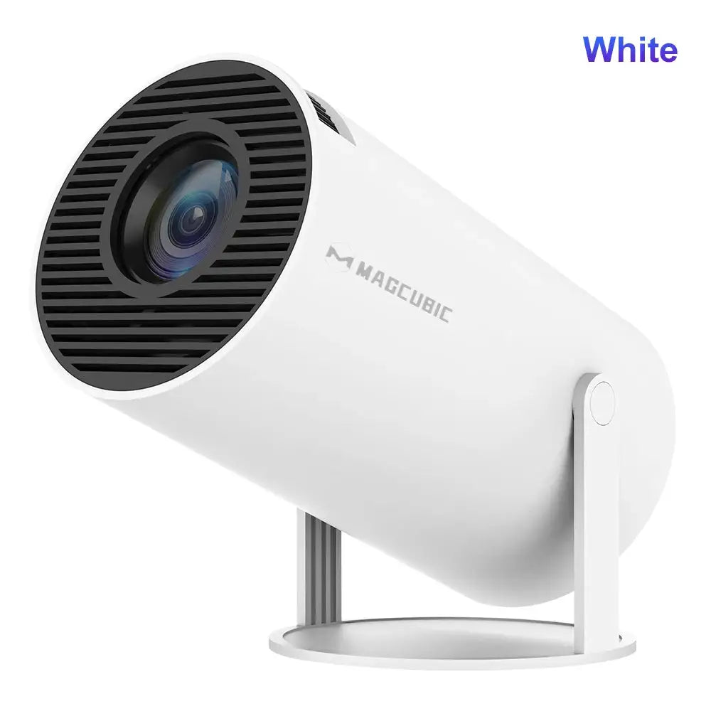 White cylindrical Magcubic 4K Android Projector HY300 with grey and white design