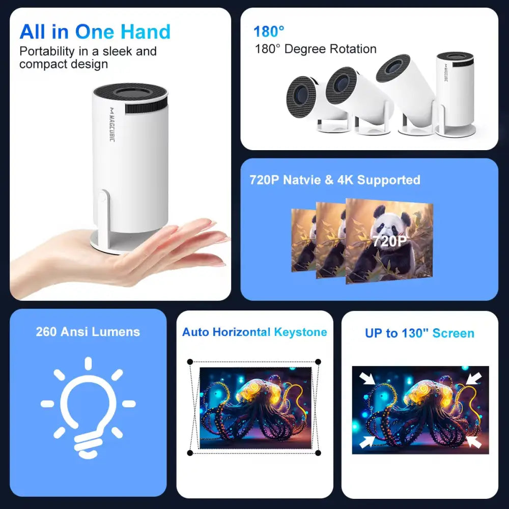 Magcubic 4K Android Projector HY300 in grey and white with 180-degree rotation