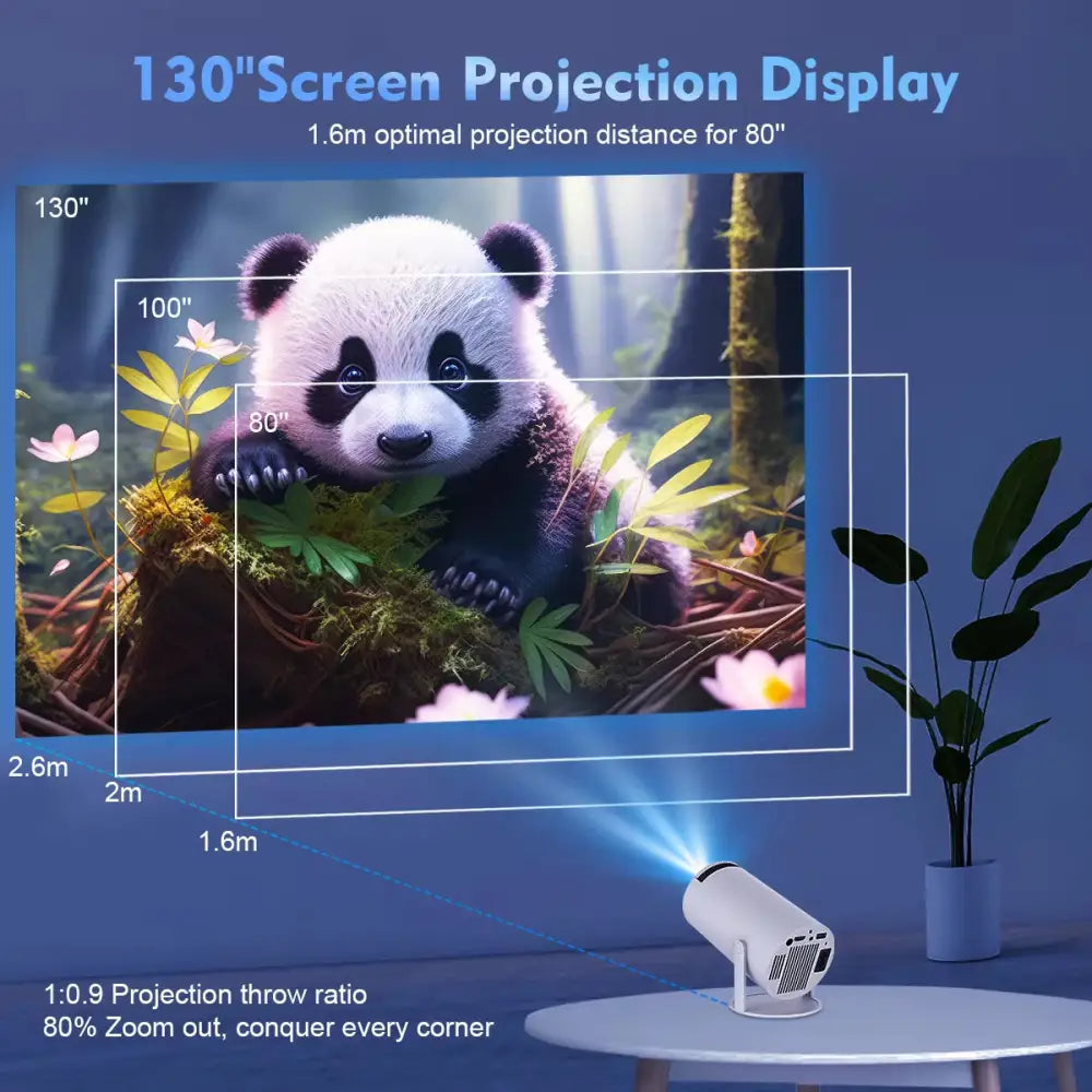 Magcubic 4K Android Projector HY300 with projection size diagram in grey and white