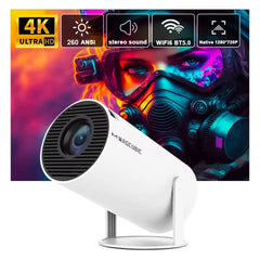 White cylindrical projector with stand from Magcubic 4K Android Projector HY300