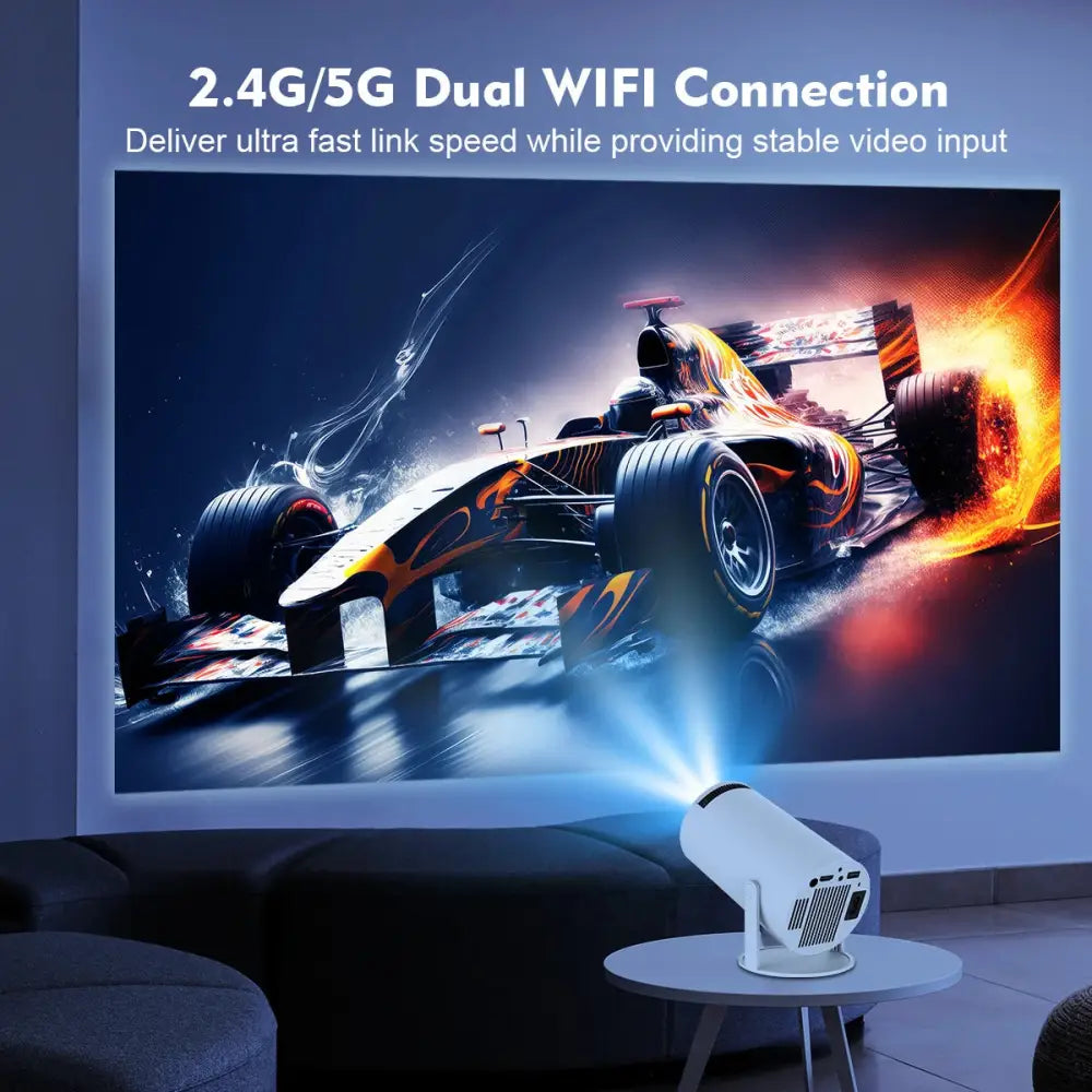 White Magcubic 4K Android Projector HY300 with blue light beams displayed